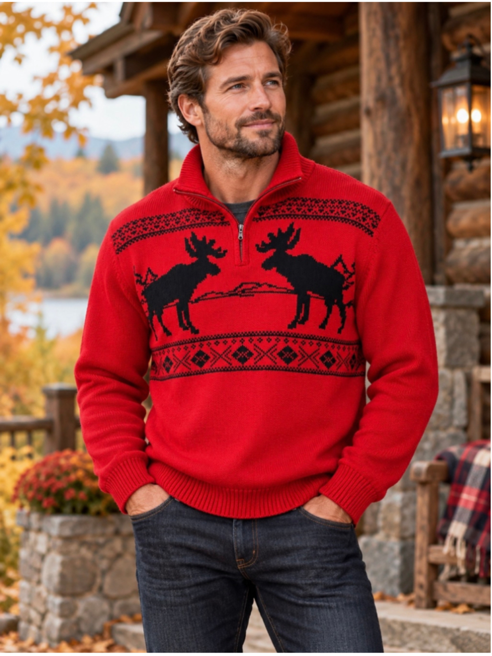 Chaps Men's XL Red Moose Fair Isle Heavy Cotton Knit Quarter Zip Sweater